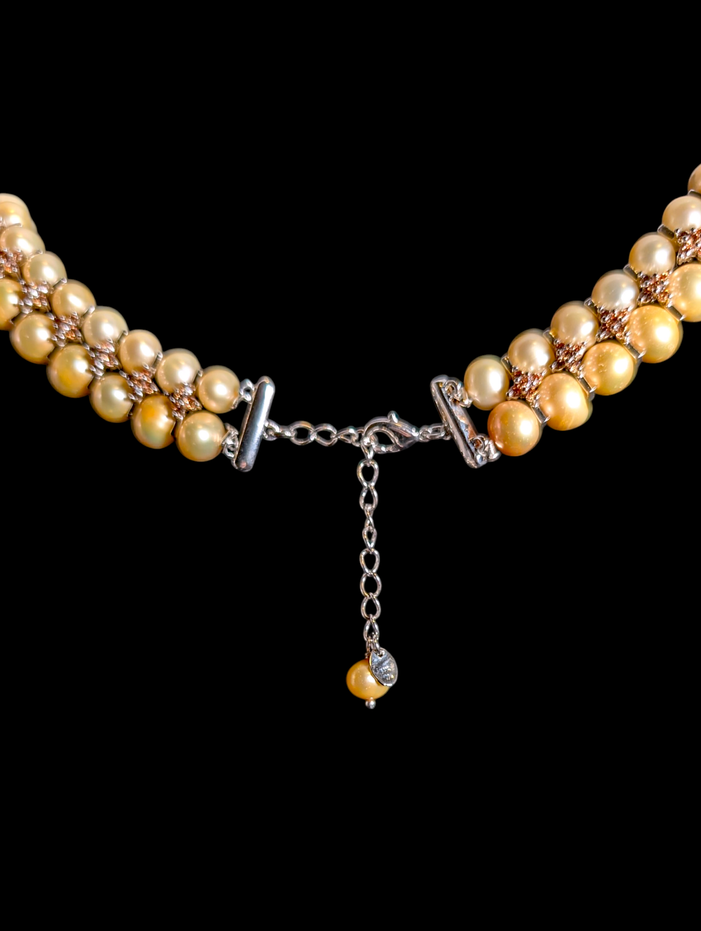 Vintage Stunning Lucas Lameth Designer Genuine Champagne and Golden Pearl with Orange Rhinestones Sterling Silver Necklace