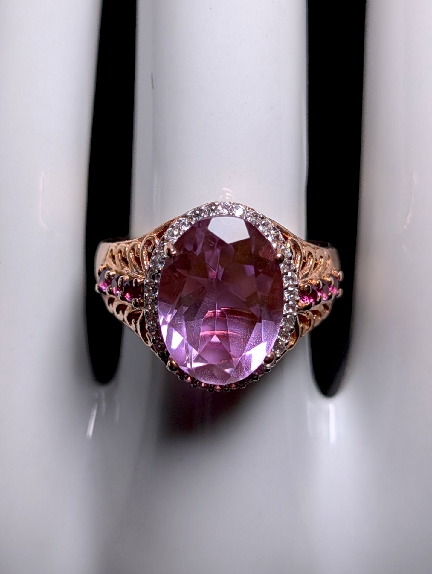 Vintage Oval Solitaire Genuine Pink Quartz, Rhodolite Garnet and Zircon Halo 14k Rose Gold Vermeil