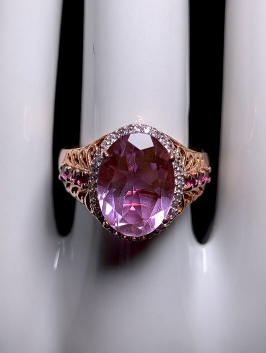 Vintage Oval Solitaire Genuine Pink Quartz, Rhodolite Garnet and Zircon Halo 14k Rose Gold Vermeil