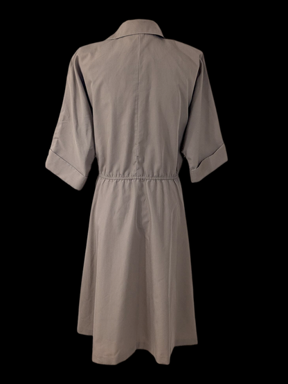 1980s Vintage Batwing Sandalwood Brown House Dress with Peach Acrylic Button Down, Elastic Waist and Cuffed Sleeves