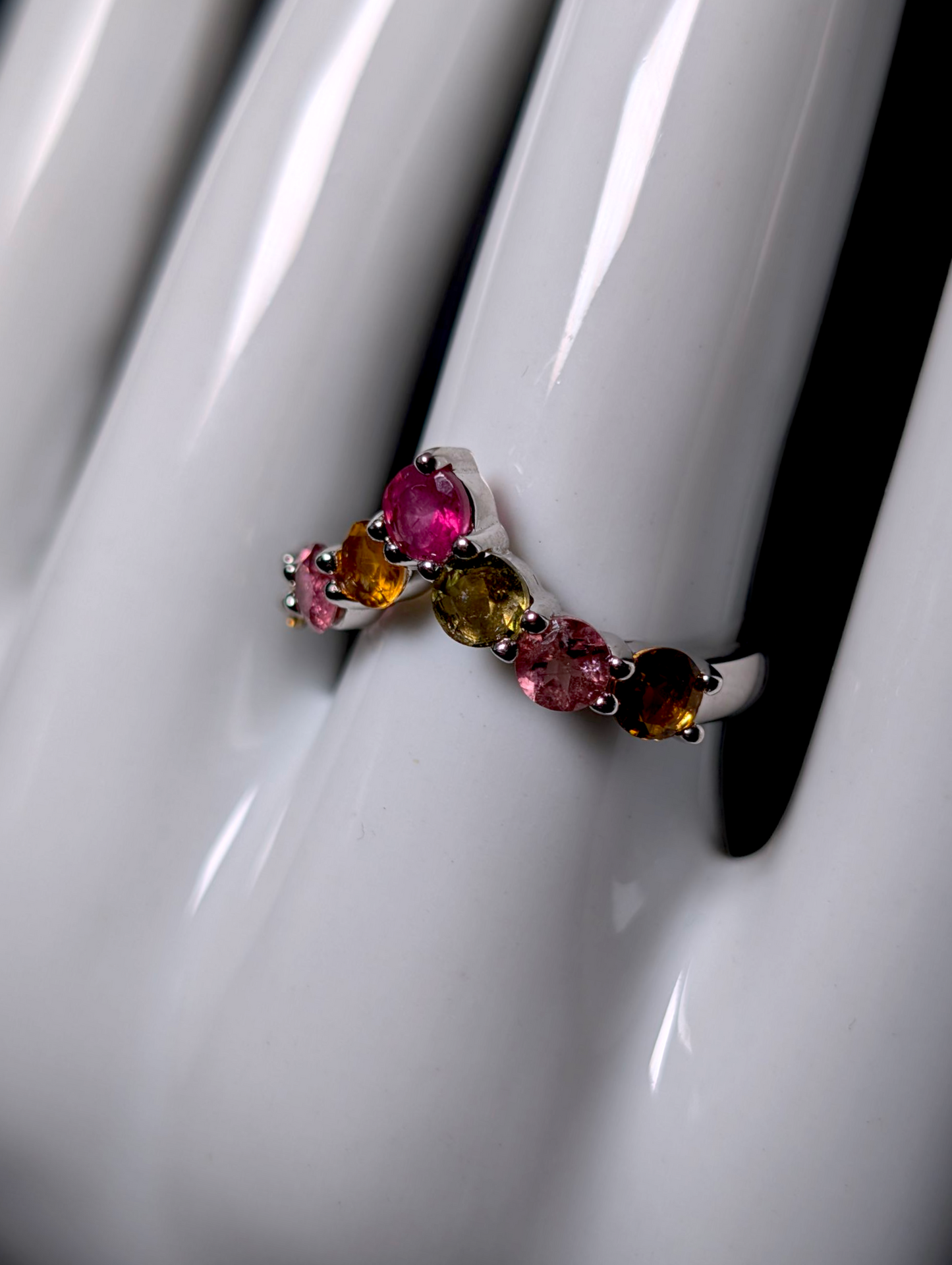 Vintage Round Cut Earth Mined Genuine Multi-Color Tourmaline Sterling Silver Chevron Stackable Ring