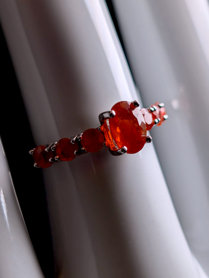 Vintage Oval Cut Solitaire Genuine Orange Fire Opal with Accent Stones Sterling Silver Ring