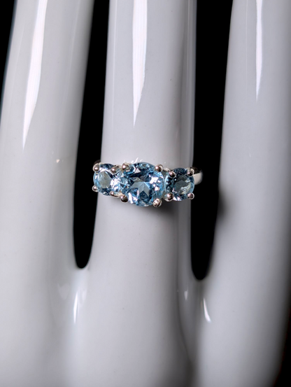 Vintage Round Cut Three Stone Genuine Sky Blue Sterling Silver Ring