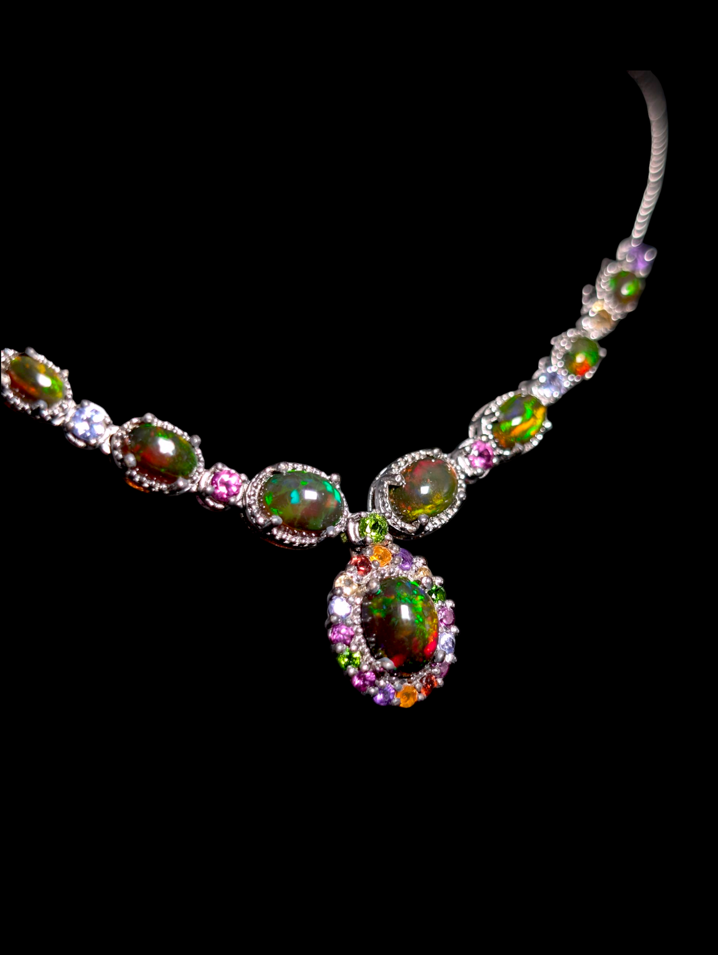 Vintage Cabochon Cut Jelly Genuine Black Opal and Multi-Gemstone Elegant Dangle Sterling Silver Necklace