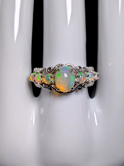 Vintage Fantasy Cabochon Cut Genuine Jelly Opal Sterling Silver Filigree Ring