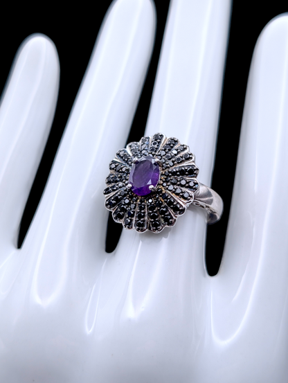 Vintage Genuine Amethyst and Black Spinel Floral Sterling Silver Ring