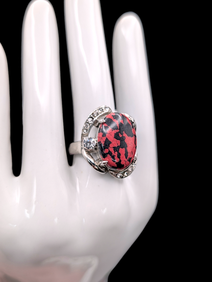 Vintage Red and Black Simulated Marble Cocktail Silver Statement Ring