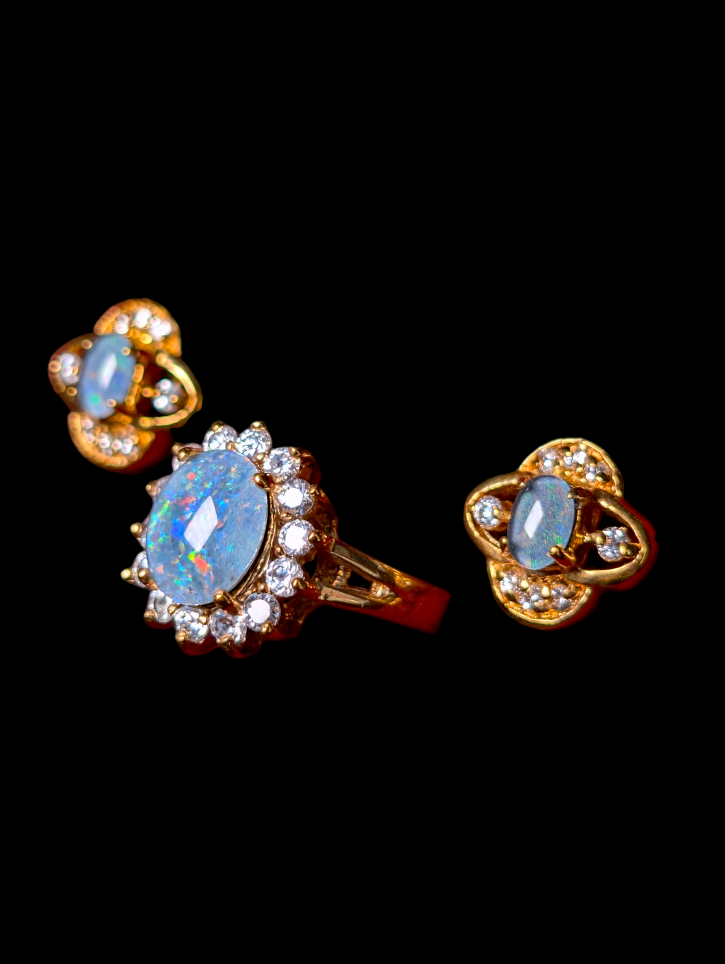 Vintage Lindenwold Cabochon Cut Split Shank Simulated Opal and Simulated Diamond Halo 14k HGE Gold Ring and Matching Earrings Set