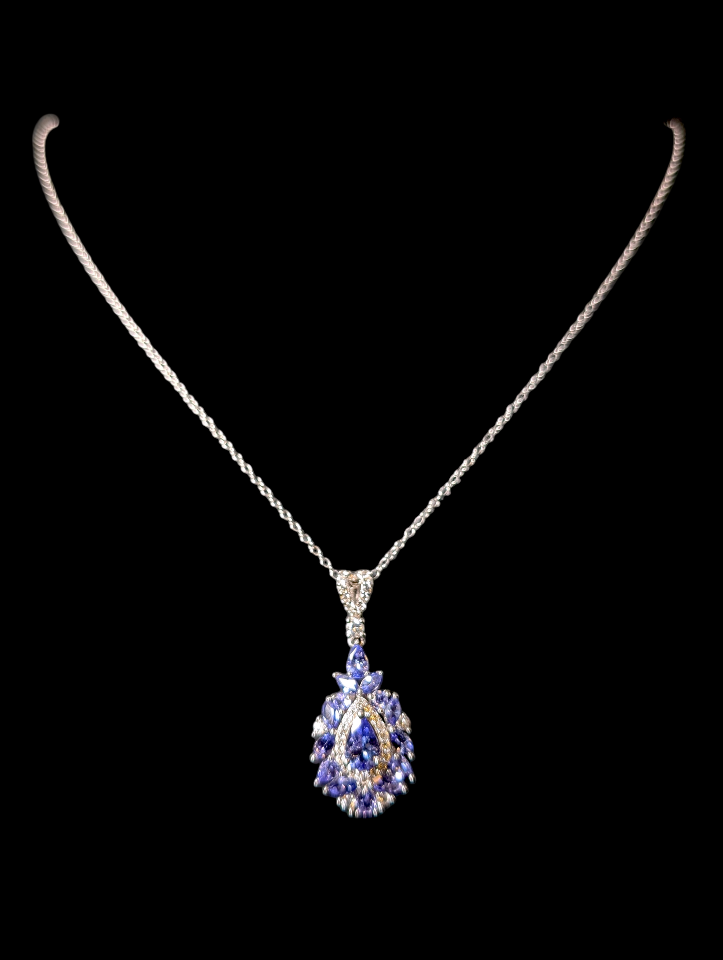 Vintage Earth Mined Genuine Tanzanite and White Zircon Sterling Teardrop Pendant and Sterling Silver Chain Necklace
