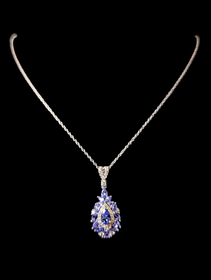 Vintage Earth Mined Genuine Tanzanite and White Zircon Sterling Teardrop Pendant and Sterling Silver Chain Necklace