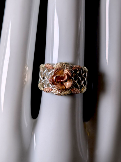 Vintage Black Hills Gold Carved Rose 12K Gold and Sterling Silver Basket Weave Ring