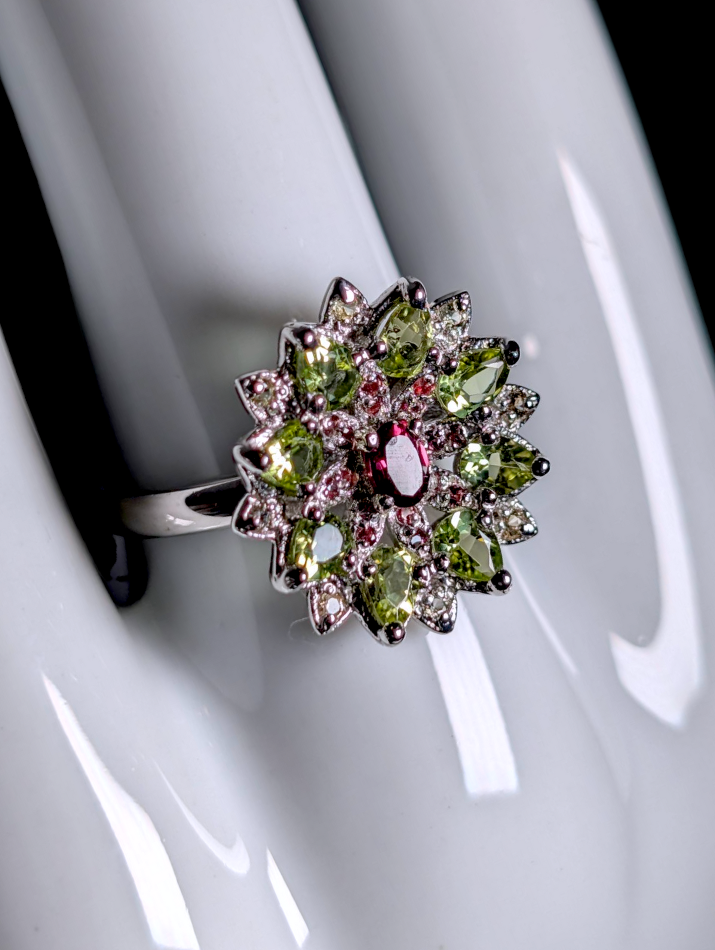 Vintage Flower Cluster Genuine Peridot, Pink Tourmaline and White Topaz Sterling Silver Statement Ring