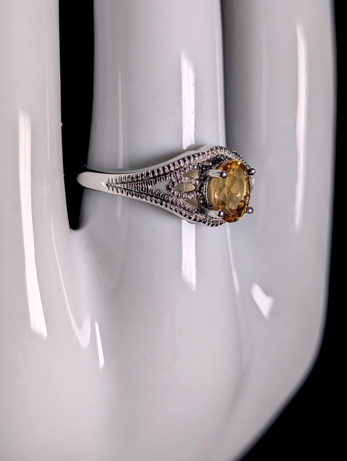 Vintage Art Deco Inspired Genuine Golden Citrine Solitaire with Filigree Sterling Silver Ring