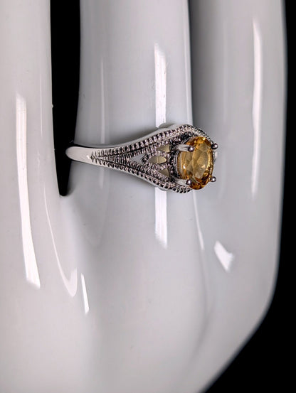 Vintage Art Deco Inspired Genuine Golden Citrine Solitaire with Filigree Sterling Silver Ring