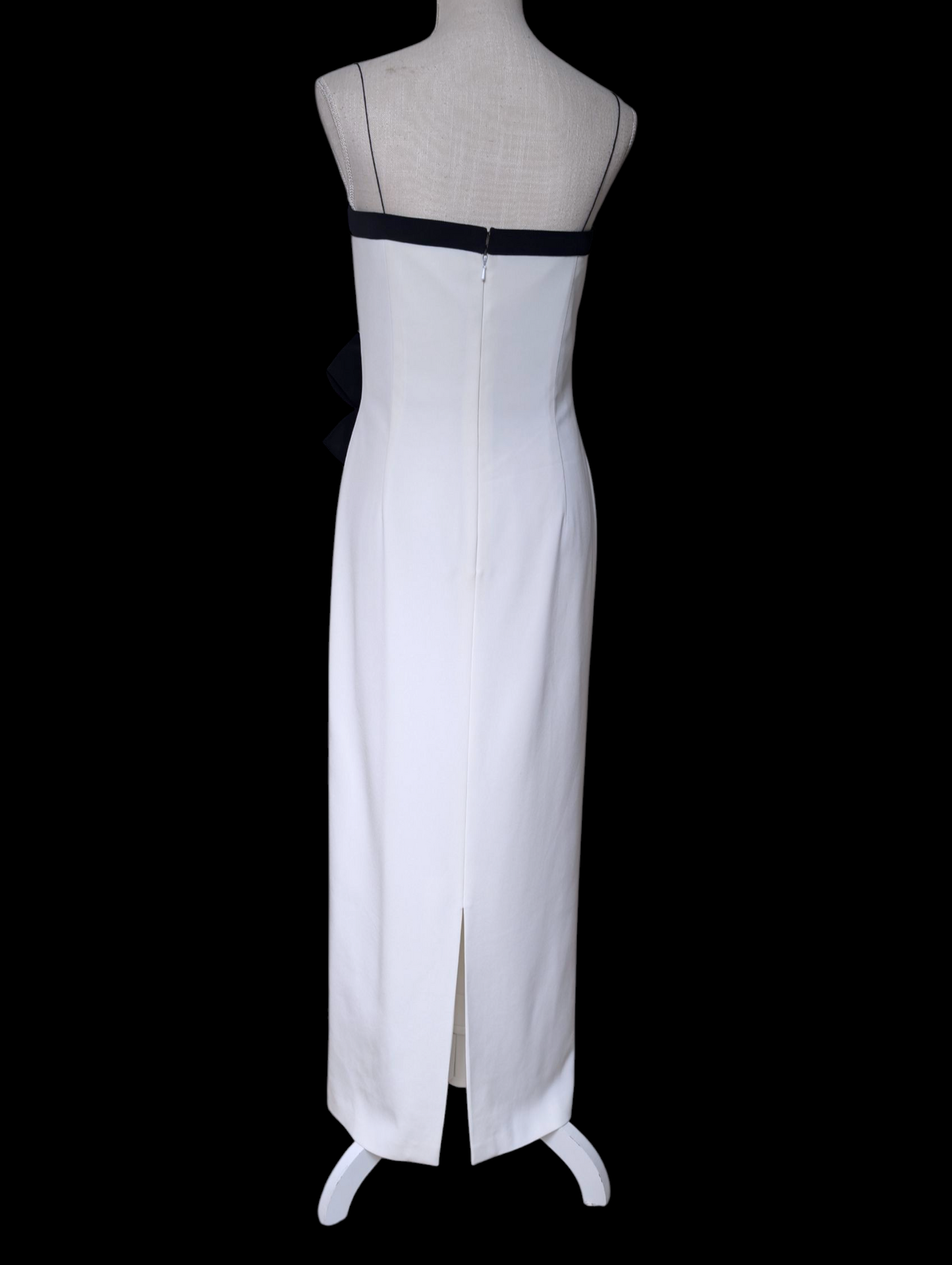 1980s Couture Designer Bill Blass White and Black Hourglass Evening Dress with Hot Pink Color Blocking, Asymmetrical Neckline, Decorative Accent Bow and Spaghetti Straps