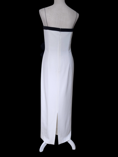 1980s Couture Designer Bill Blass White and Black Hourglass Evening Dress with Hot Pink Color Blocking, Asymmetrical Neckline, Decorative Accent Bow and Spaghetti Straps