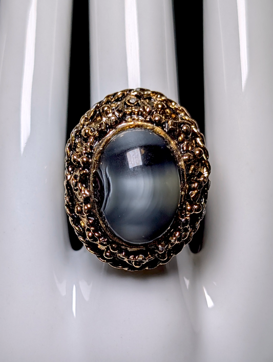 Vintage Large Gray Solitaire Simulated Gemstone Antique Gold Toned Adjustable Costume Statement Ring