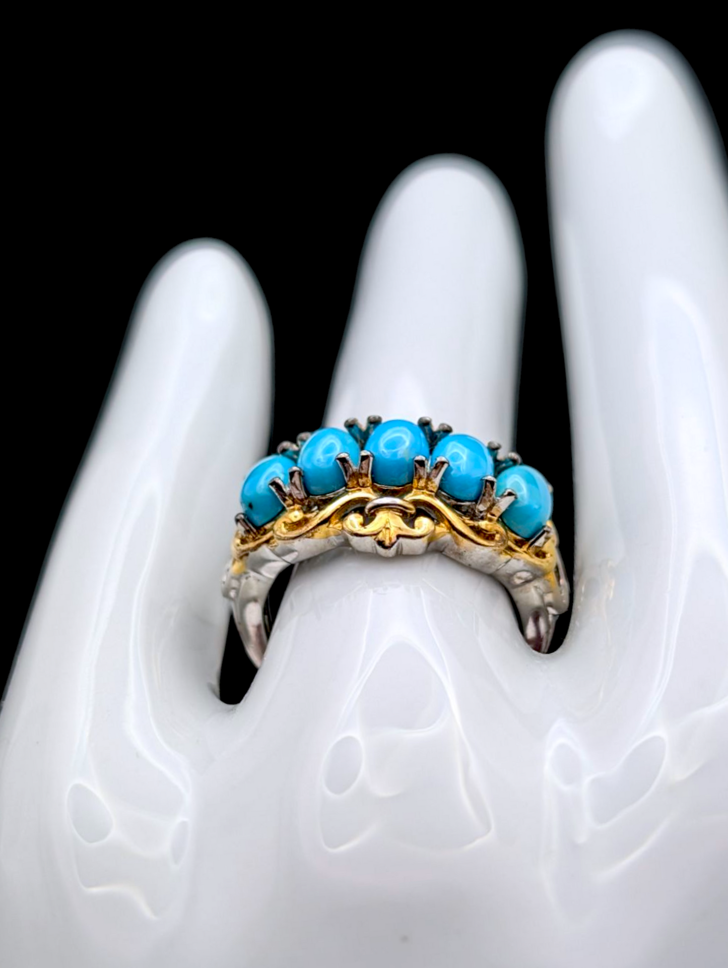 Vintage Oval Cut Genuine Sleeping Beauty Turquoise and Amethyst Accent 14k Gold and Sterling Silver Ring