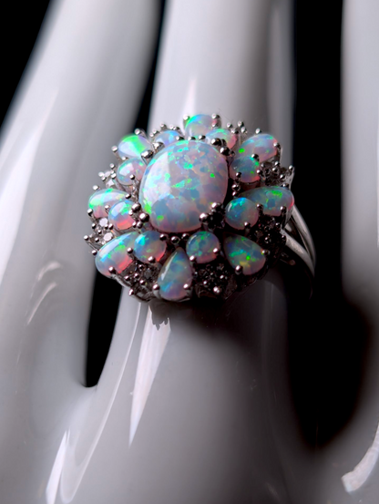 Vintage Dazzling Starburst Genuine Opal and White Topaz Sterling Silver Cocktail Cluster Statement Ring