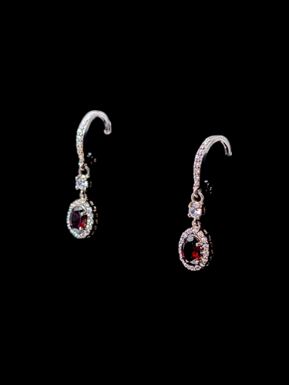 Vintage Genuine Garnet and Simulated Diamond Dangle Sterling Silver Earrings