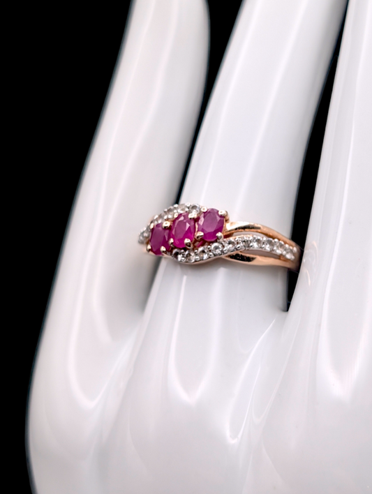 Vintage Tri Stone Genuine Earth Mined Ruby and White Topaz Accent 24k Gold Vermeil Ring Test