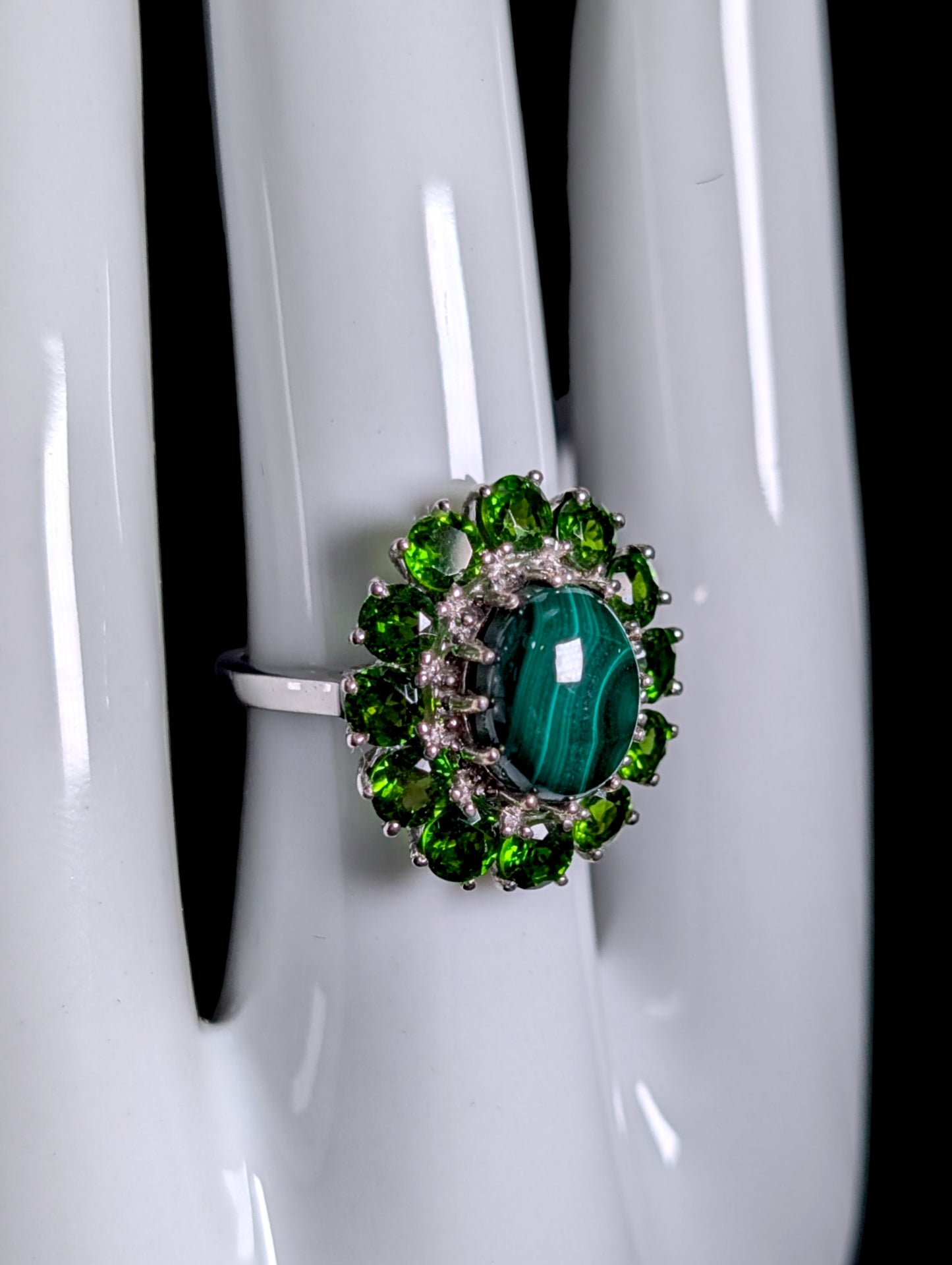 Vintage Genuine Malachite Solitaire and Chrome Diopside Halo Sterling Silver Ring