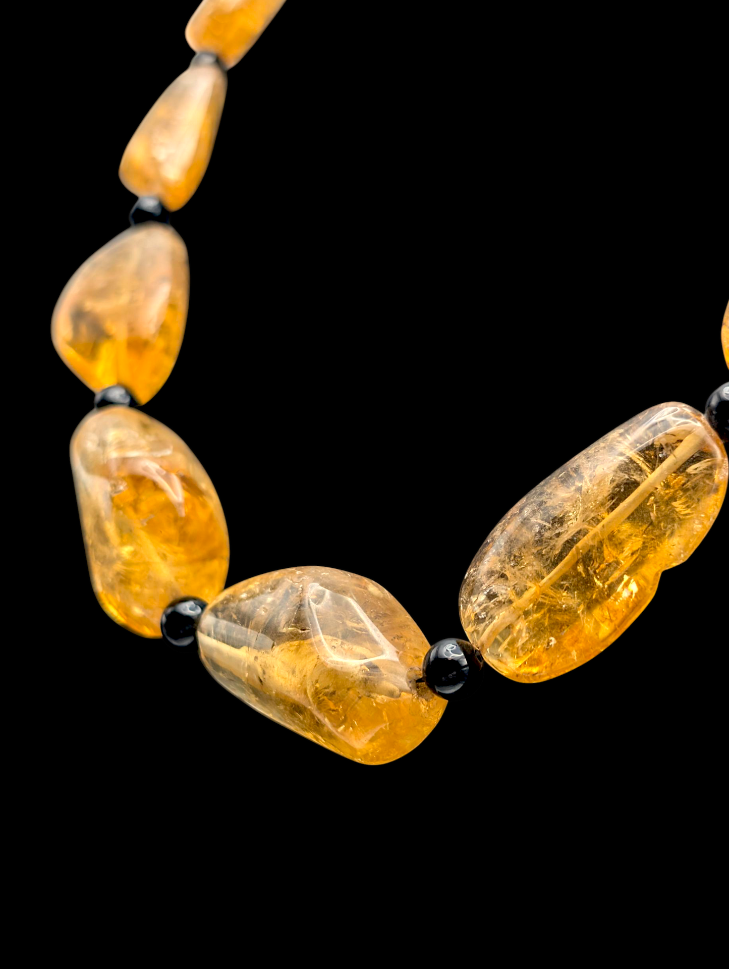 Vintage Polished Earth Mined Genuine Golden Citrine Nugget and Black Onyx Bead Sterling Silver Statement Necklace
