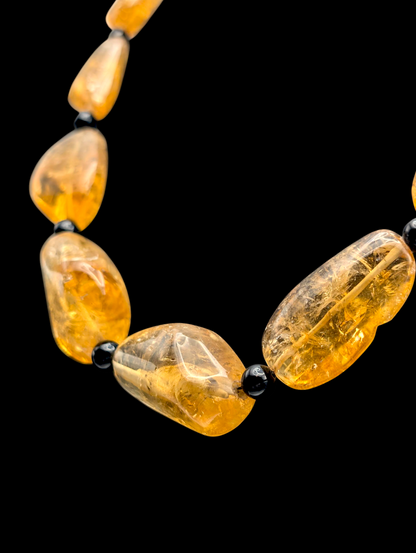Vintage Polished Earth Mined Genuine Golden Citrine Nugget and Black Onyx Bead Sterling Silver Statement Necklace