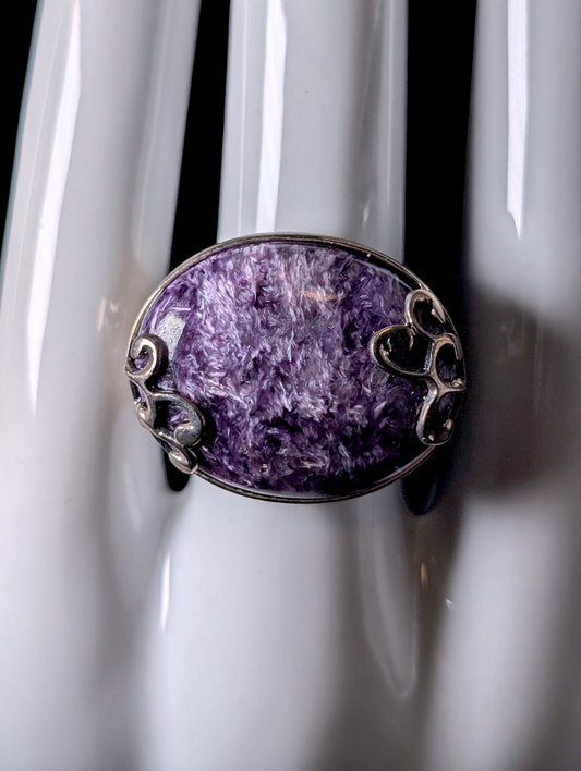 Vintage Large Earth Mined Genuine Charoite Filigree Sterling Silver Ring