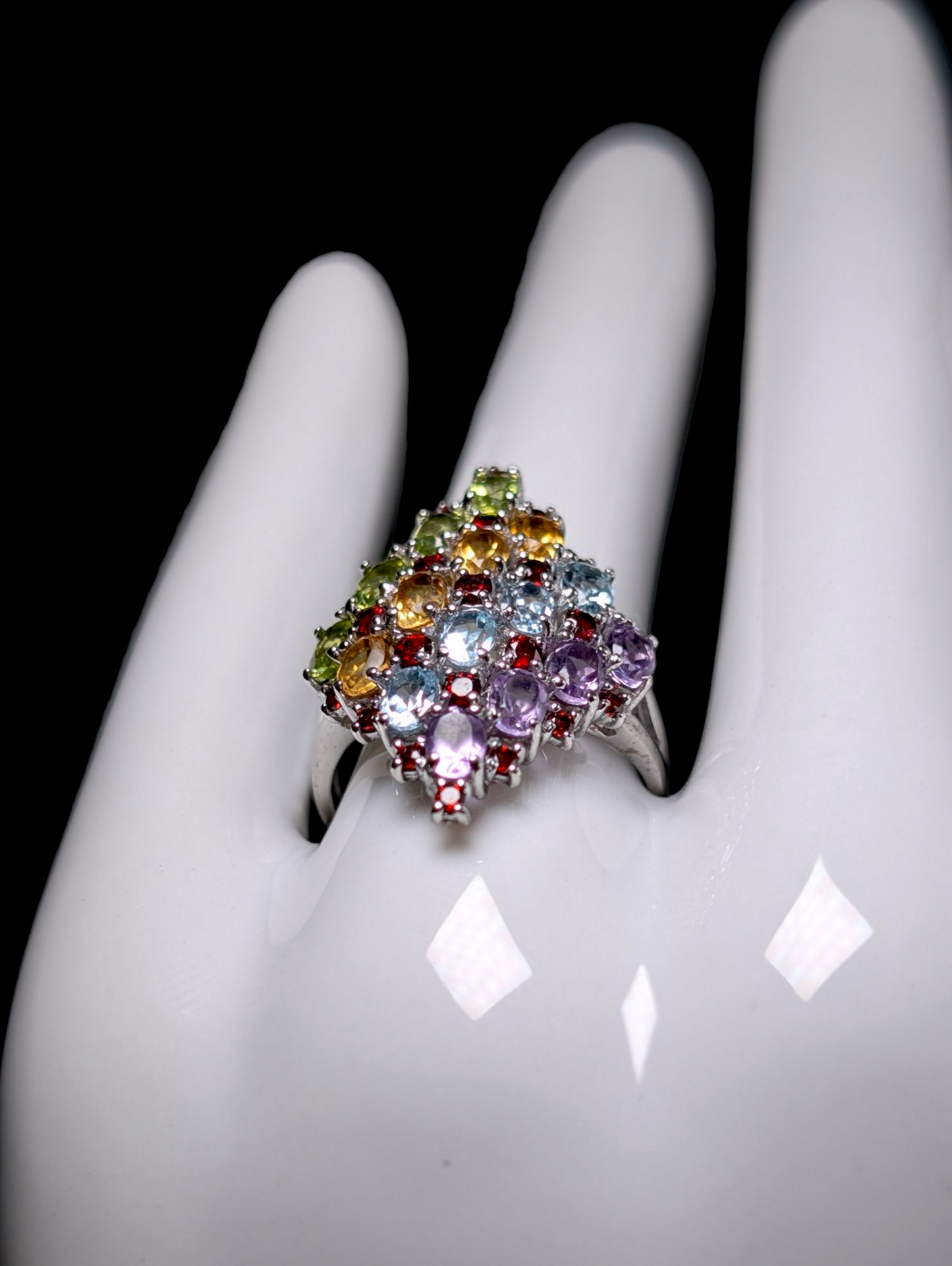 Vintage Fruit Salad Cocktail Genuine Amethyst, Topaz, Citrine, Peridot, Garnet Sterling Silver Ring