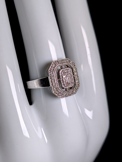Vintage Step Cut Out Design Verified Genuine Diamond Sterling Silver Engagement Ring
