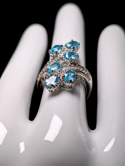 Vintage Six Stone Genuine Blue Apatite and White Zircon Sterling Silver Cocktail Ring