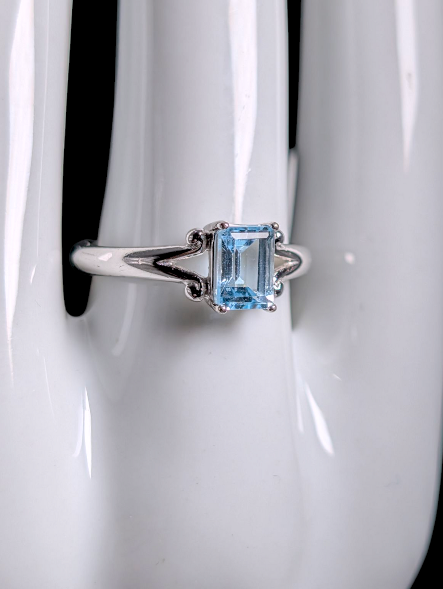 Vintage Emerald Cut Genuine Sky Blue Topaz Solitaire Dainty Sterling Silver Ring