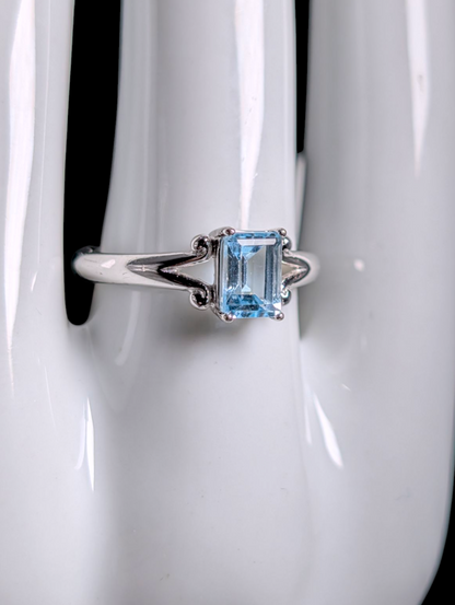 Vintage Emerald Cut Genuine Sky Blue Topaz Solitaire Dainty Sterling Silver Ring