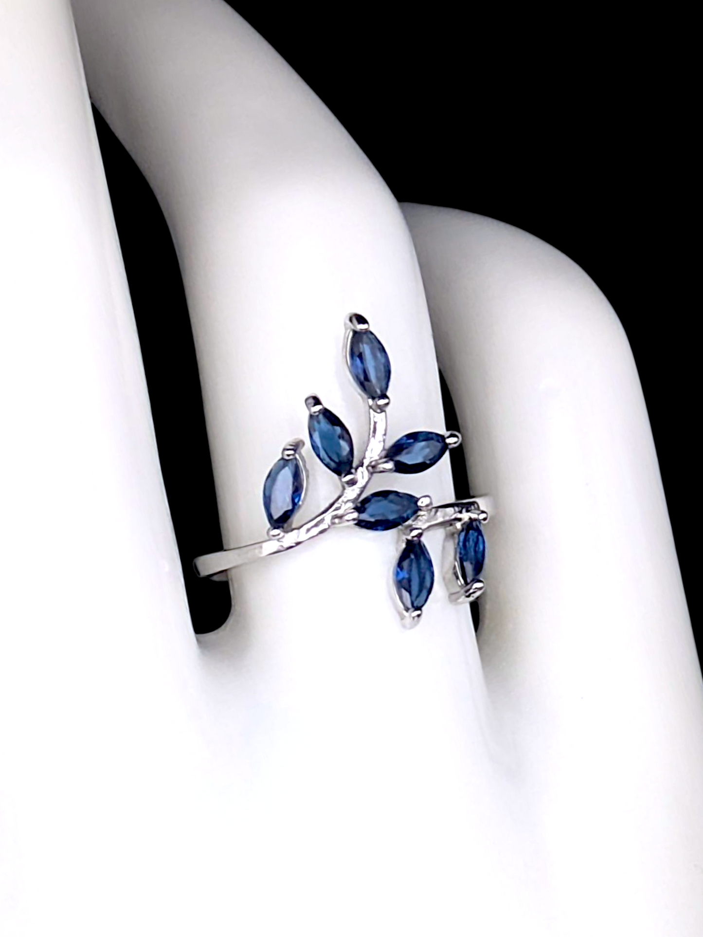 Vintage Inspired Marquise Cut Simulated Blue Sapphire Leaves and Branches Sterling Silver Ring