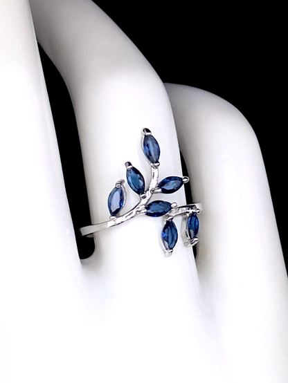 Vintage Inspired Marquise Cut Simulated Blue Sapphire Leaves and Branches Sterling Silver Ring