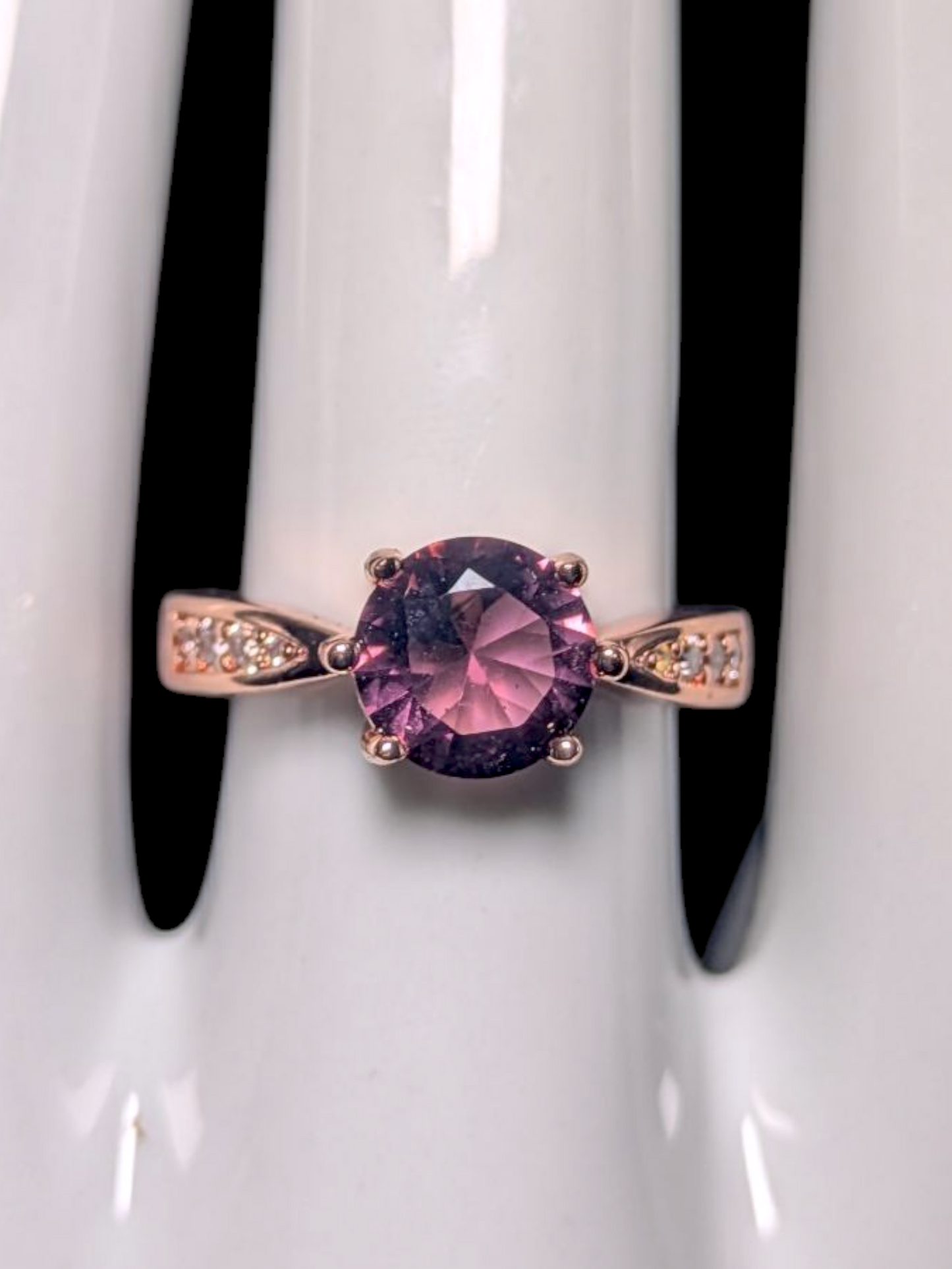 Vintage Inspired Round Cut Simulated Amethyst Solitaire with Simulated Diamond Accents Rose Gold Toned Ring
