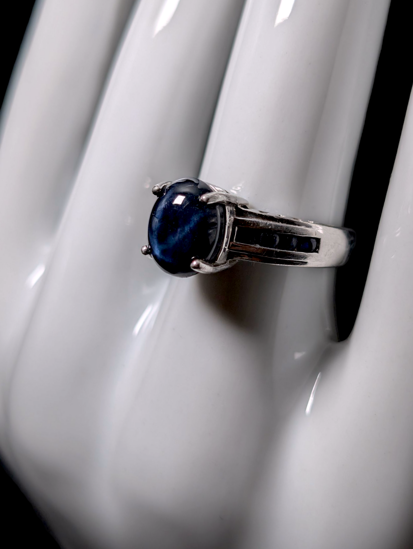 Vintage 4 Carat Cabochon Cut Earth Mined Genuine Star Sapphire Solitaire with Sapphire Accent Stones Sterling Silver Ring