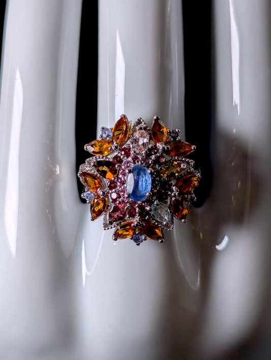 Vintage Cluster Starburst Multi-Gemstone Genuine Kyanite and Tourmaline Sterling Silver Statement Ring