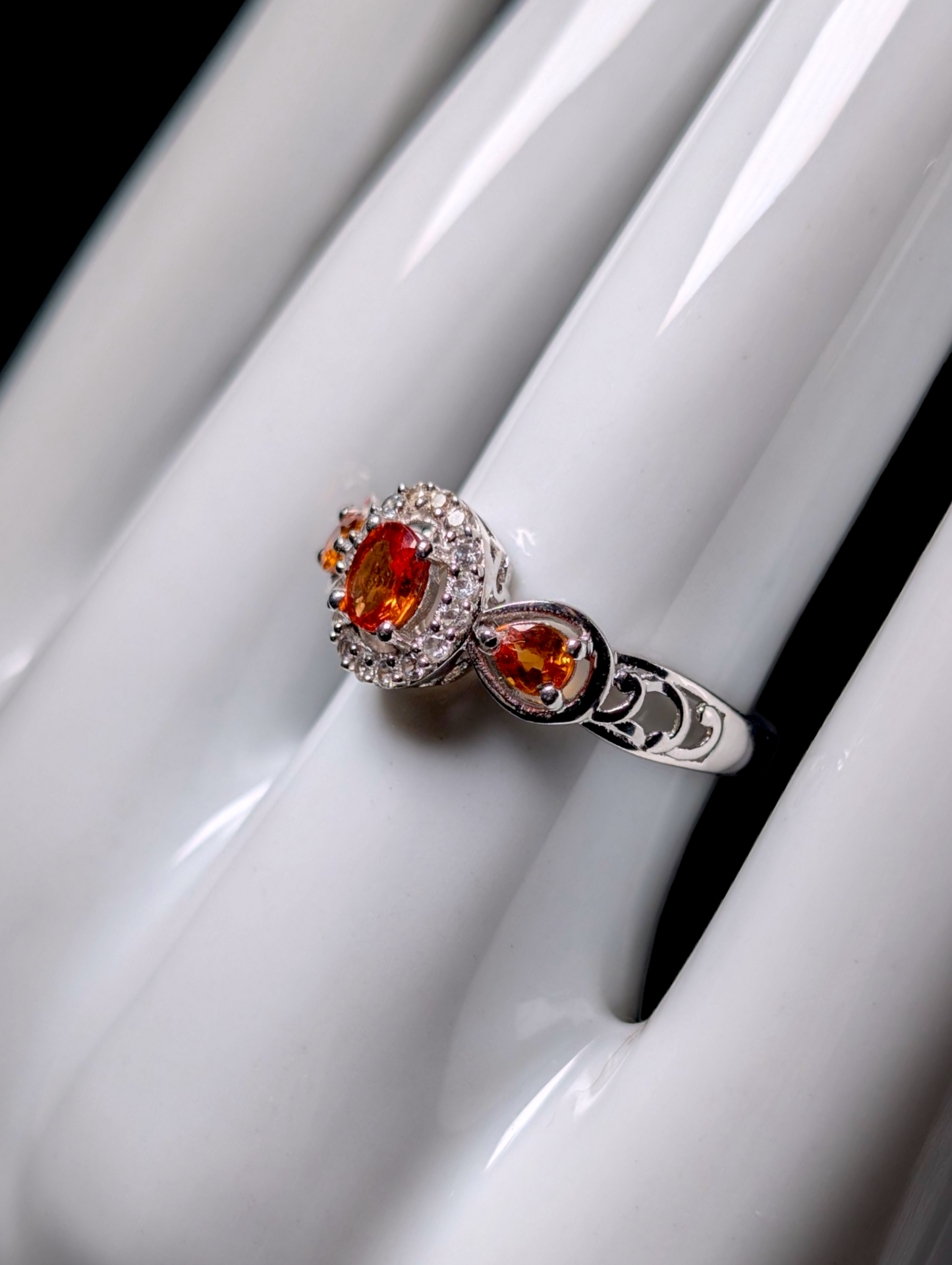 Vintage Three Stone Genuine Orange Sapphire and White Topaz Halo Sterling Silver Ring