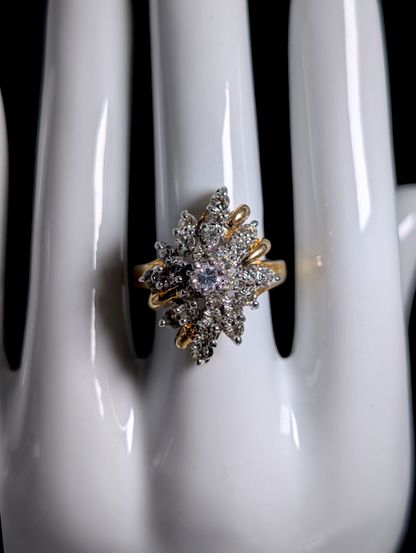 Vintage Round Cut Simulated Diamond Cluster Waterfall 18K Yellow Gold Vermeil Cocktail Statement Ring