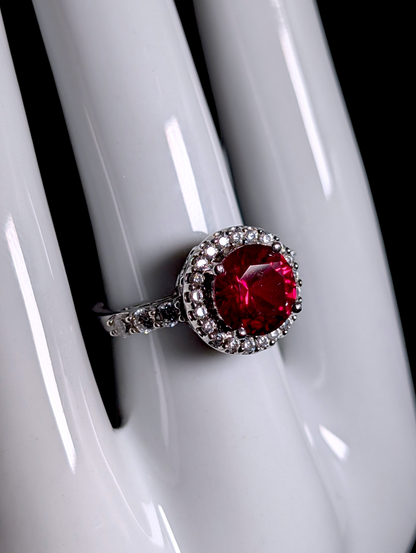 Vintage Princess Cut Genuine Ruby Solitaire and Simulated Diamond Halo Sterling Silver Ring