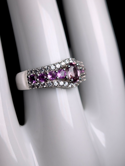 Vintage Genuine Pink Sapphire Solitaire with Pink Tourmaline Accent Stones and White Topaz Halo Sterling Silver Ring