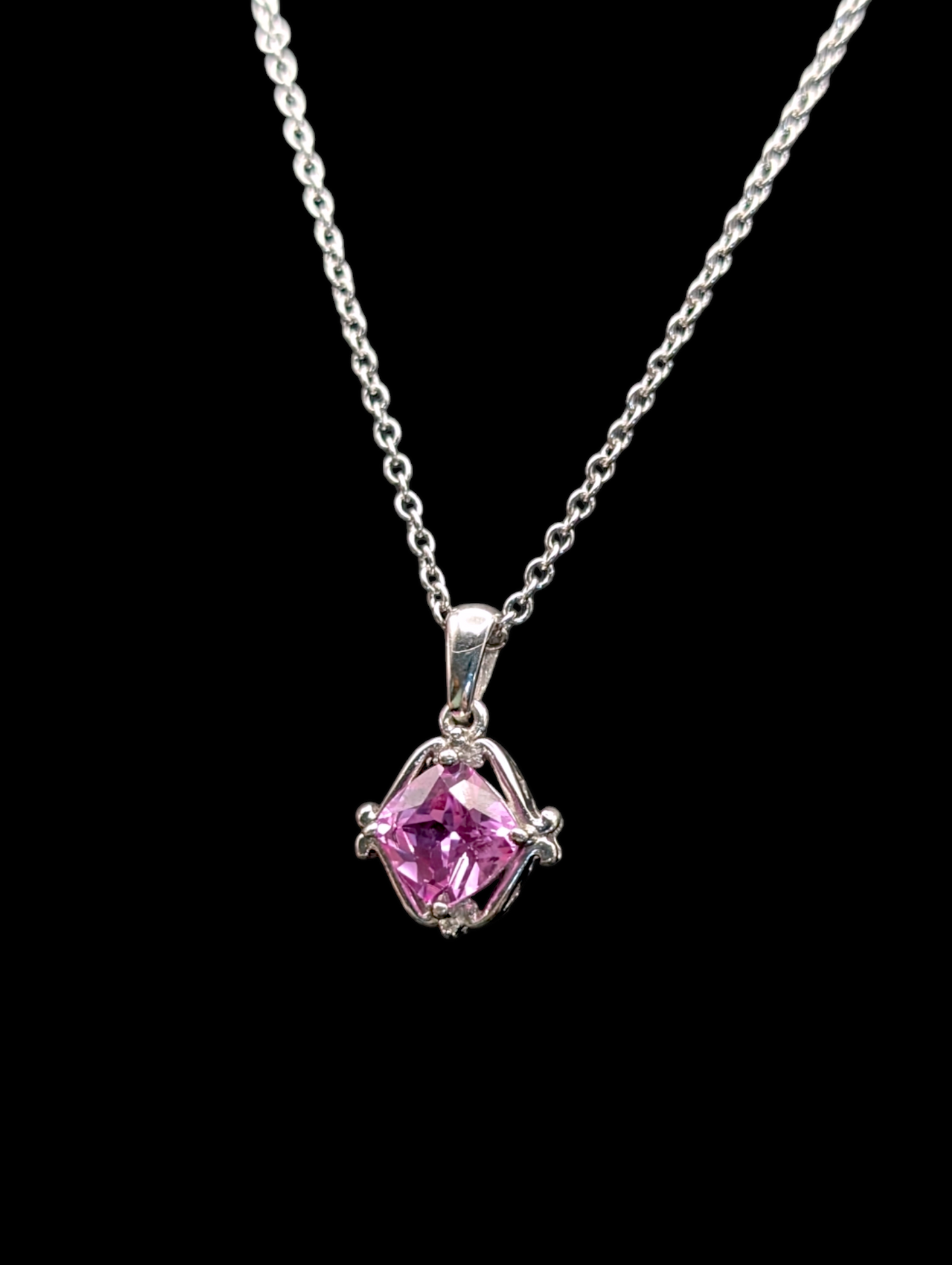 Vintage Inspired Pink Sapphire Sterling Silver Pendant, Necklace and 3 Stone Emerald Trillion Cut Ring Set