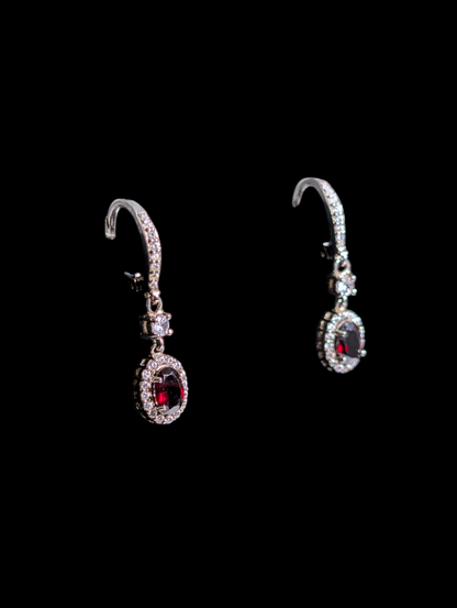 Vintage Genuine Garnet and Simulated Diamond Dangle Sterling Silver Earrings