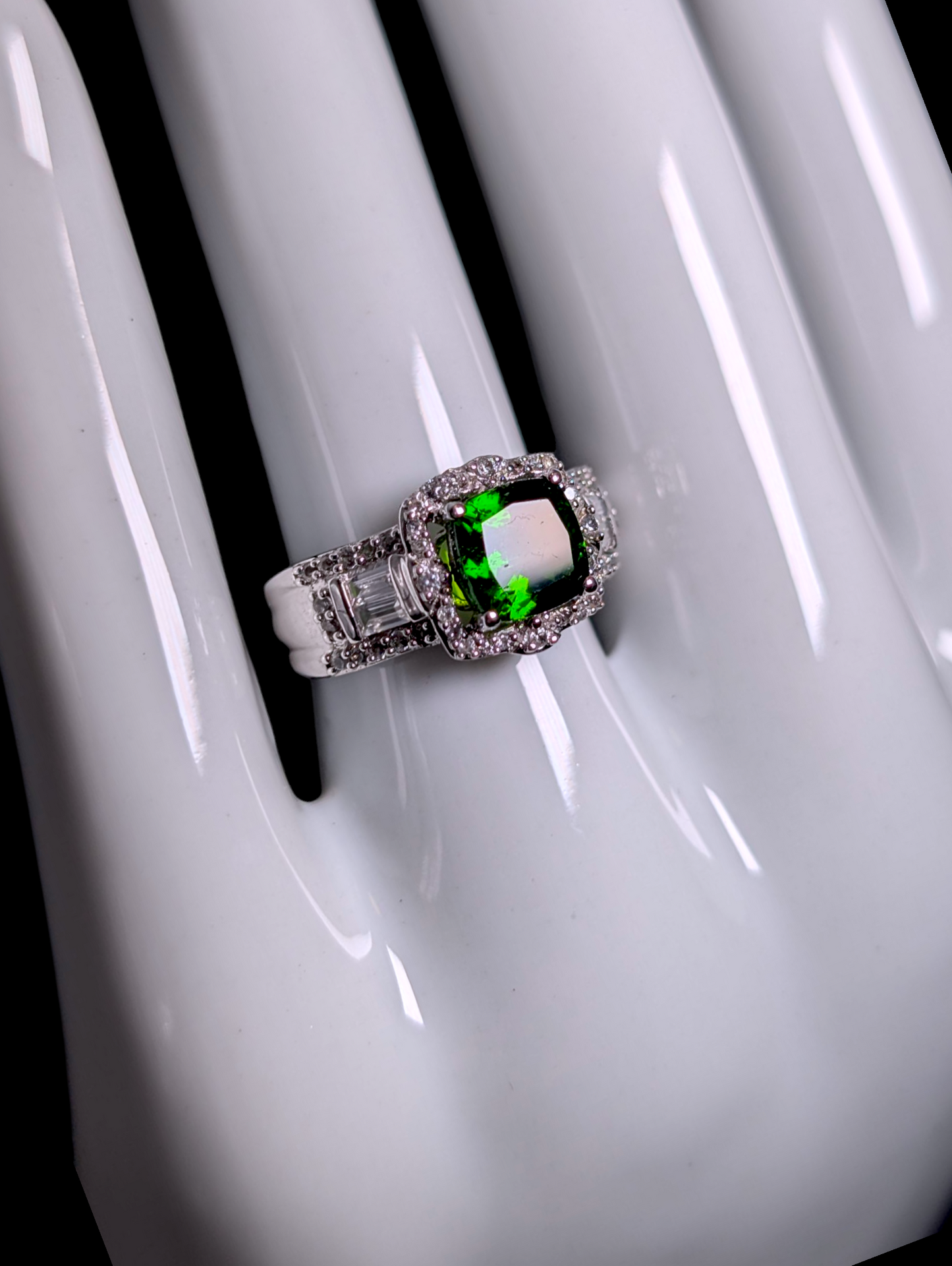 Vintage Cushion Cut Solitaire Emerald Green Genuine Chrome Diopside and White Topaz Halo Sterling Silver Ring