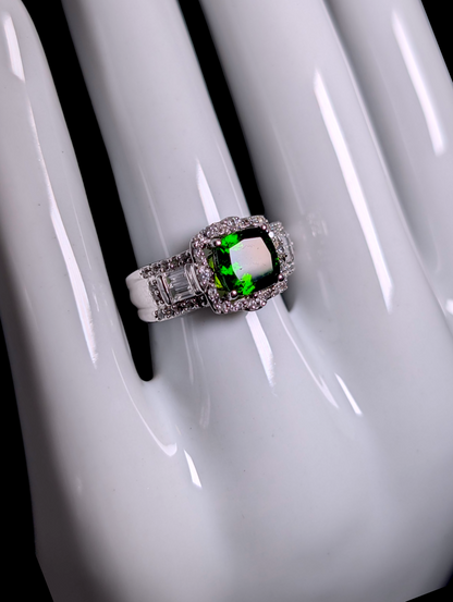 Vintage Cushion Cut Solitaire Emerald Green Genuine Chrome Diopside and White Topaz Halo Sterling Silver Ring