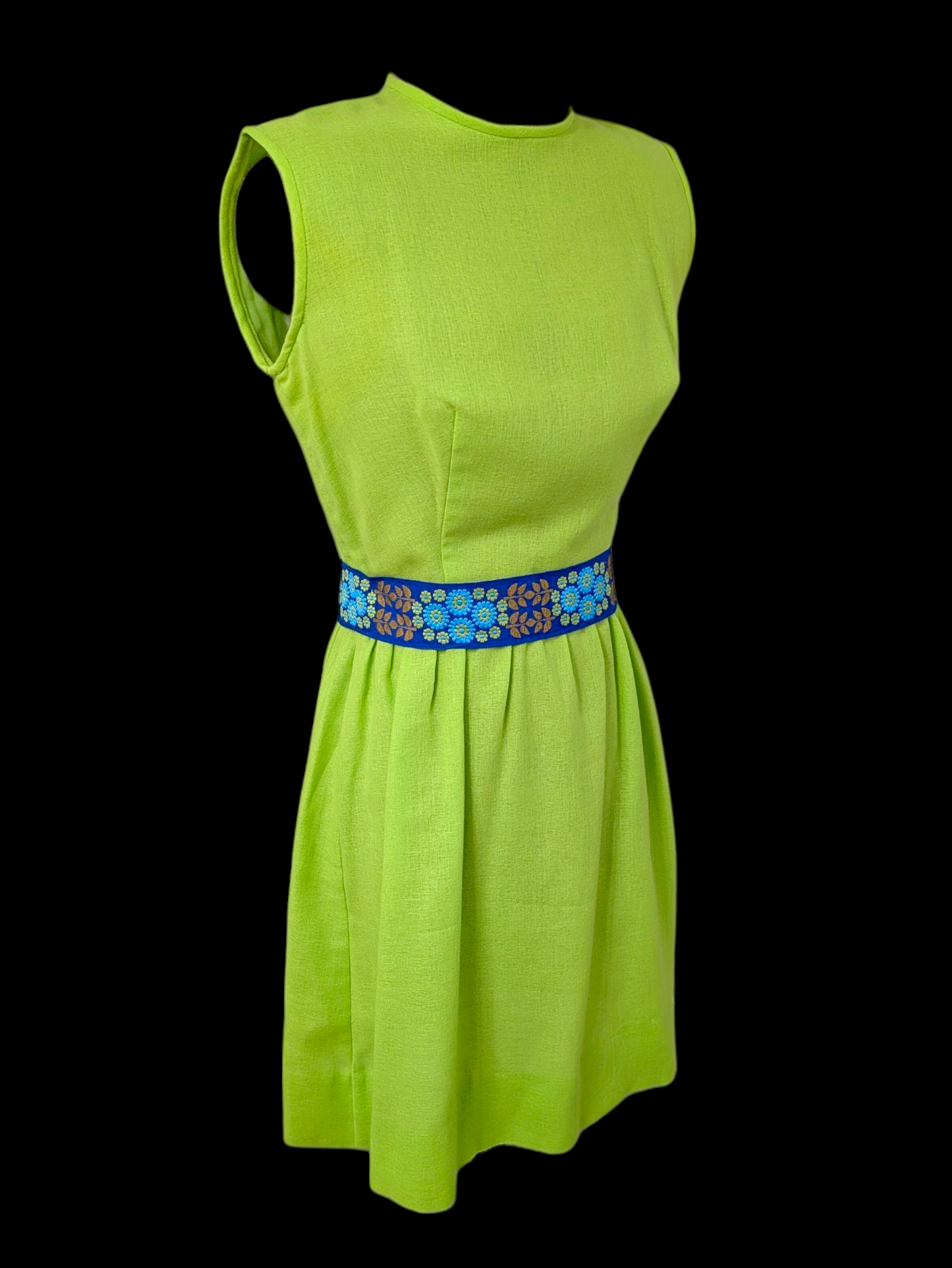 Vintage 1960s Lanz Mod Lime Green Mini Sleeveless Wiggle Dress with Wide Blue Floral Embroidered Belt