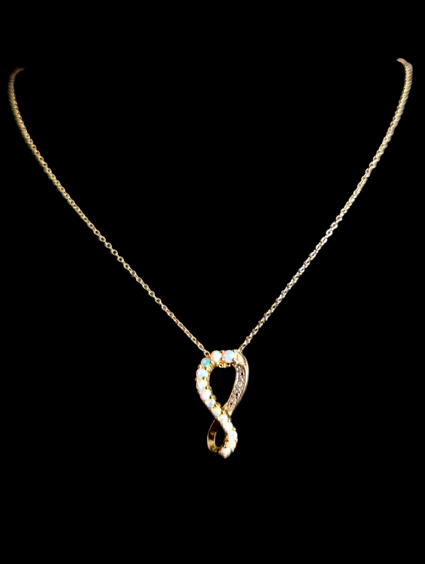 Vintage Infinity Genuine Opal and Diamond 14k Yellow Gold over Sterling Pendant and Delicate Chain Necklace
