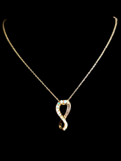 Vintage Infinity Genuine Opal and Diamond 14k Yellow Gold over Sterling Pendant and Delicate Chain Necklace